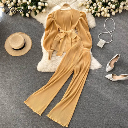 vzyzvElegant Women Purple Pant Suits Spring Autumn Solid Puff Sleeve Top Pleated Chiffon Wide-Leg Pants 2 Piece Set Female Outfit