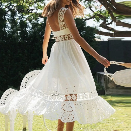 vzyzvElegant женское платье Strap Embroidery White Midi Dress Hight Waist Lace Hollow Out Ladies Vintage Vestido Spring Summer