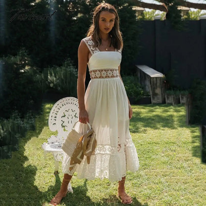 vzyzvElegant женское платье Strap Embroidery White Midi Dress Hight Waist Lace Hollow Out Ladies Vintage Vestido Spring Summer