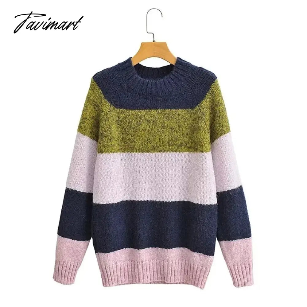 vzyzv England Style Fashion Retro Striped Sweaters Color Contrast O-neck Loose Sweaters Women Pullovers Tops