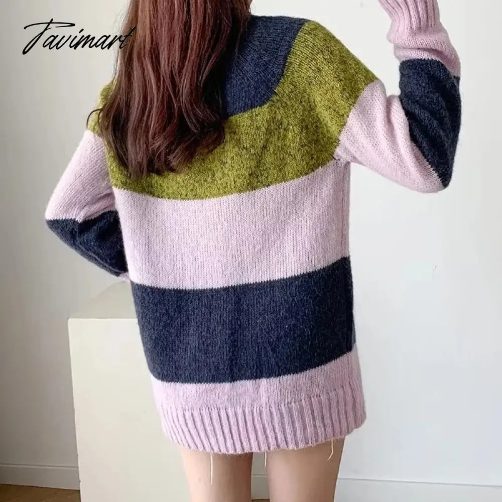 vzyzv England Style Fashion Retro Striped Sweaters Color Contrast O-neck Loose Sweaters Women Pullovers Tops