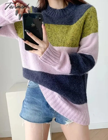 vzyzv England Style Fashion Retro Striped Sweaters Color Contrast O-neck Loose Sweaters Women Pullovers Tops