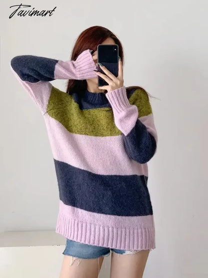 vzyzv England Style Fashion Retro Striped Sweaters Color Contrast O-neck Loose Sweaters Women Pullovers Tops