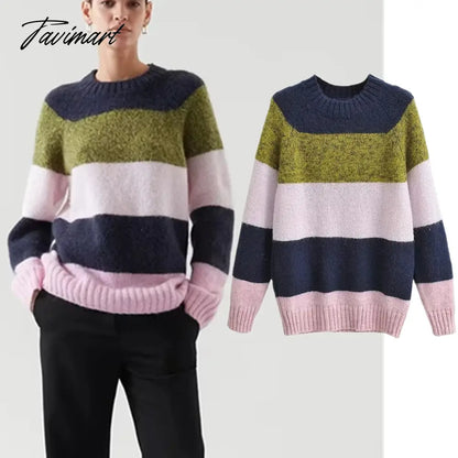 vzyzv England Style Fashion Retro Striped Sweaters Color Contrast O-neck Loose Sweaters Women Pullovers Tops