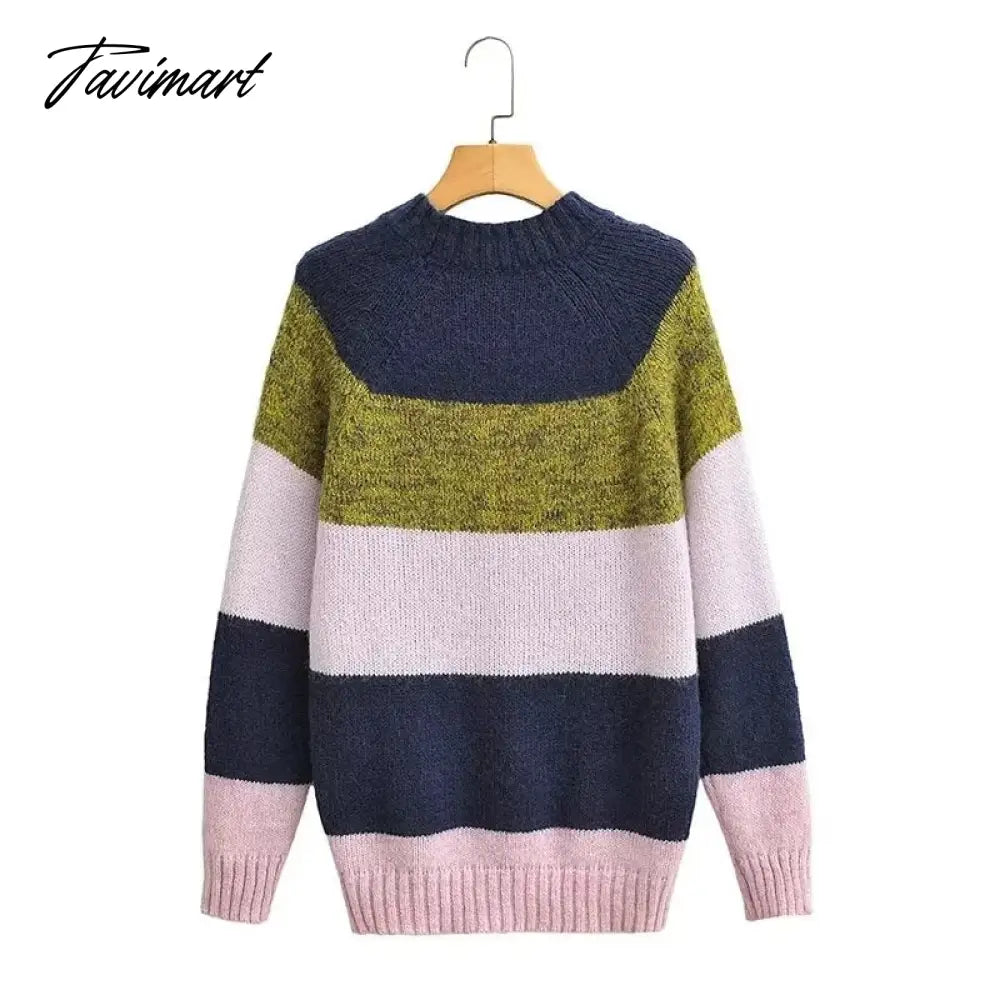 vzyzv England Style Fashion Retro Striped Sweaters Color Contrast O-neck Loose Sweaters Women Pullovers Tops