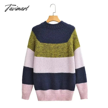 vzyzv England Style Fashion Retro Striped Sweaters Color Contrast O-neck Loose Sweaters Women Pullovers Tops