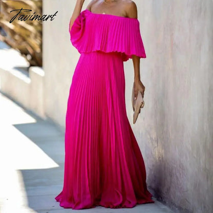 vzyzvEuropean And American Spring New Women's Fashion Sexy Strapless Solid Color One Shoulder Folds Chiffon Evening Dress Dress