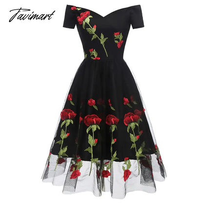 vzyzvEuropean And American Spring New Women's French Retro Evening Dress One Neck Embroidery Rose Lace Mesh Dress For Women