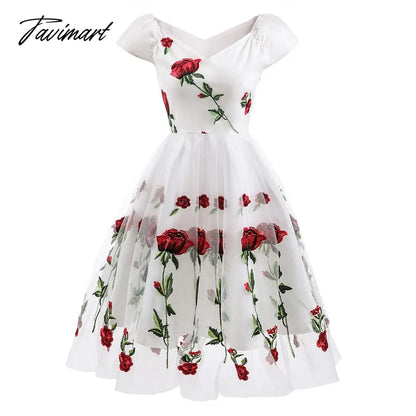 vzyzvEuropean And American Spring New Women's French Retro Evening Dress One Neck Embroidery Rose Lace Mesh Dress For Women