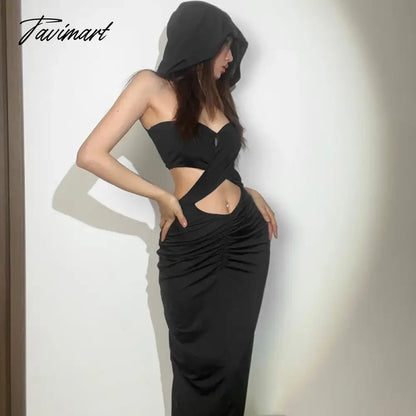 vzyzvEuropean and American style spring new women's fashion openwork sexy crop top hooded slim hip bottom dress