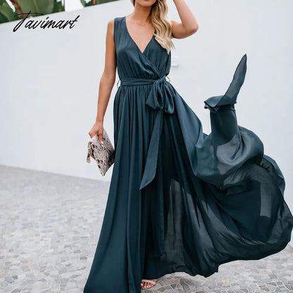 vzyzv European And American Summer New Women's Clothing Solid Color V-Neck Sleeveless Dress Mid Waist Elegant Slit Large Swing Dress