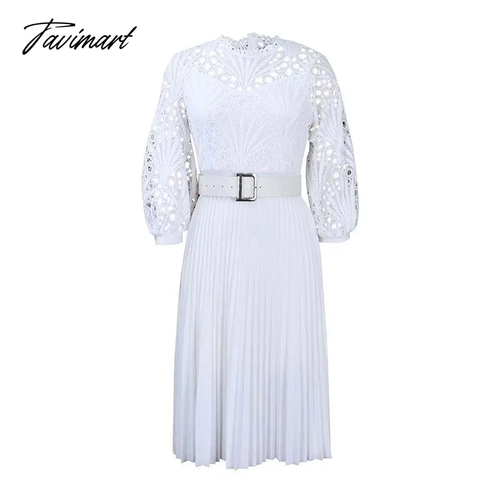 vzyzv European And American Summer New Women's Fashion Lace Sexy Loose Hollow Pleated Belt Dress For Women