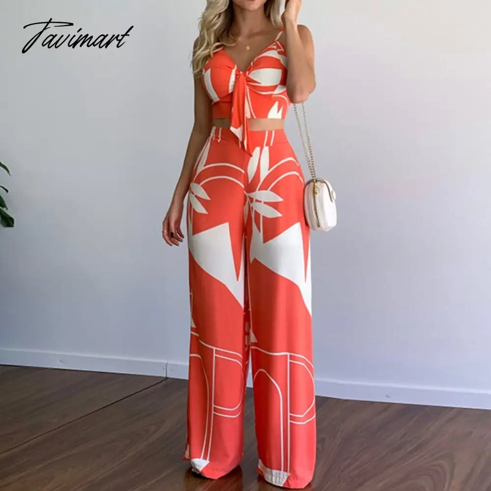 vzyzv European And American Women's New Linen Like Casual Suit V-Neck Short Vest High Waist Printed Wide Leg Pants Two Piece Suit