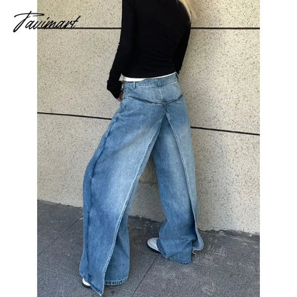 vzyzv -  Fake Two-piece Distressed Washed Loose Casual Jeans Women 2024 Spring New High Street Fashion Spliced Blue Denim Wide Leg Pants