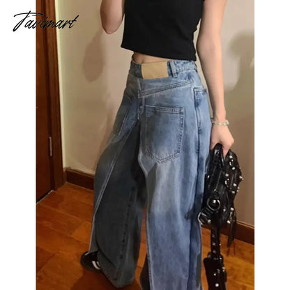 vzyzv -  Fake Two-piece Distressed Washed Loose Casual Jeans Women 2024 Spring New High Street Fashion Spliced Blue Denim Wide Leg Pants