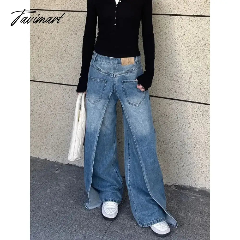 vzyzv -  Fake Two-piece Distressed Washed Loose Casual Jeans Women 2024 Spring New High Street Fashion Spliced Blue Denim Wide Leg Pants