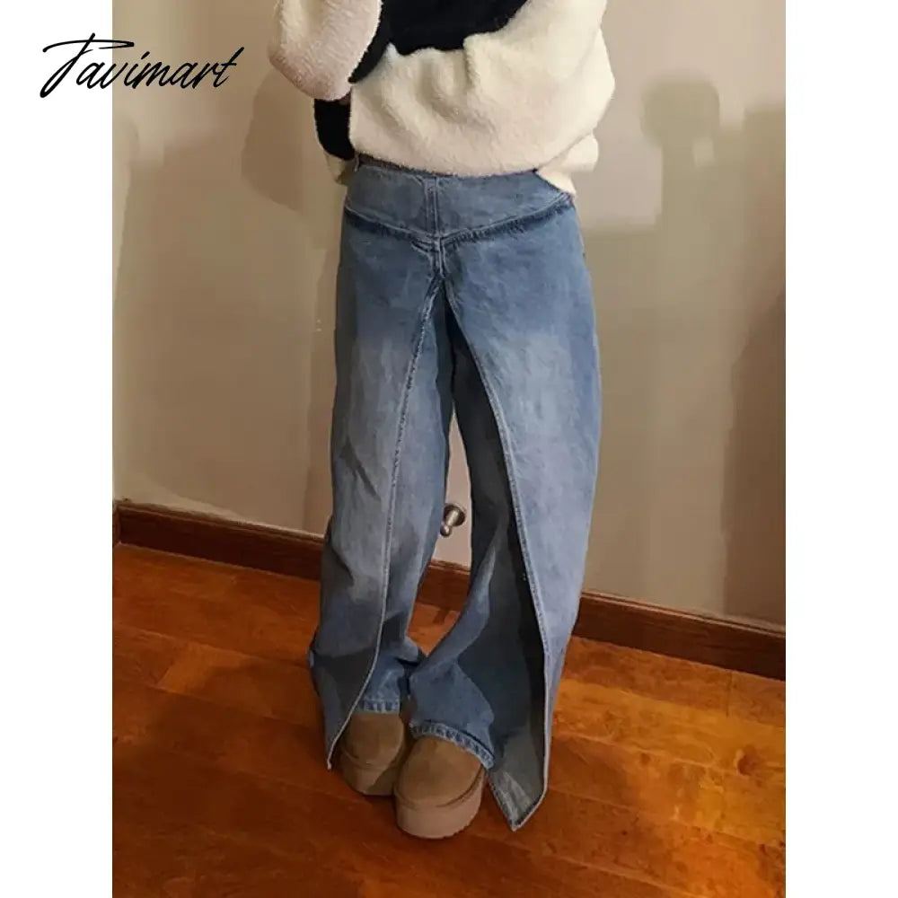 vzyzv -  Fake Two-piece Distressed Washed Loose Casual Jeans Women 2024 Spring New High Street Fashion Spliced Blue Denim Wide Leg Pants