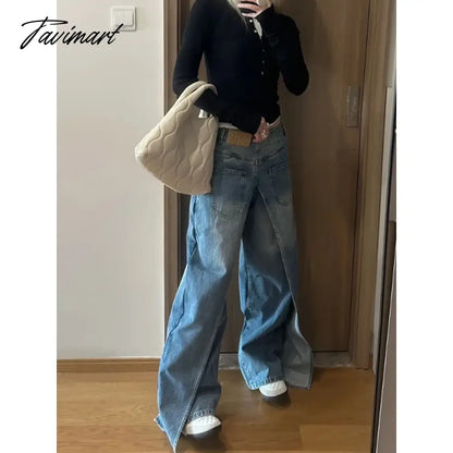 vzyzv -  Fake Two-piece Distressed Washed Loose Casual Jeans Women 2024 Spring New High Street Fashion Spliced Blue Denim Wide Leg Pants