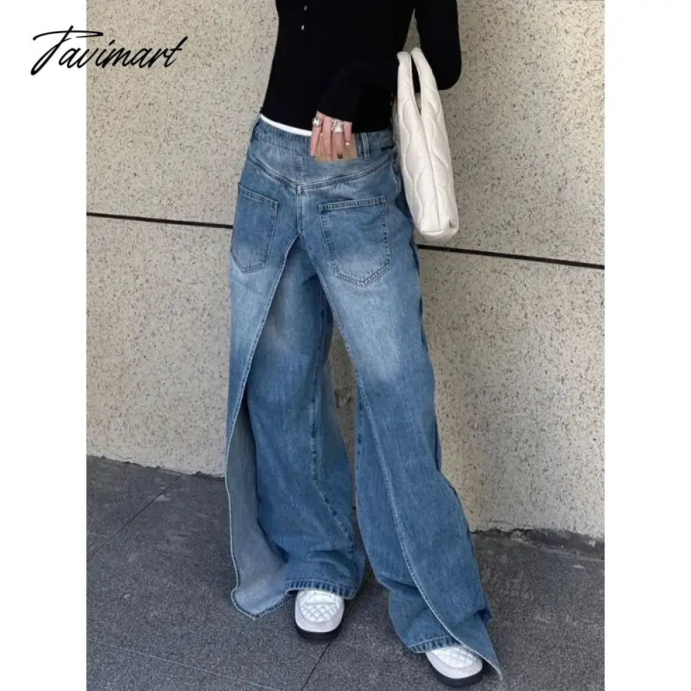 vzyzv -  Fake Two-piece Distressed Washed Loose Casual Jeans Women 2024 Spring New High Street Fashion Spliced Blue Denim Wide Leg Pants