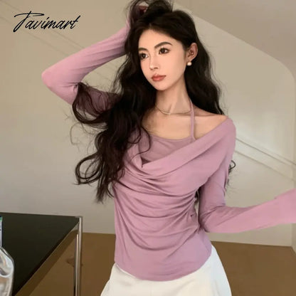 vzyzv -  Fake Two-piece Pleated Sexy Slim Long-sleeved T-shirt Women 2024 Spring New High Street Solid Color Casual Halter Tops