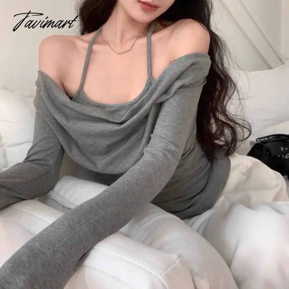 vzyzv -  Fake Two-piece Pleated Sexy Slim Long-sleeved T-shirt Women 2024 Spring New High Street Solid Color Casual Halter Tops