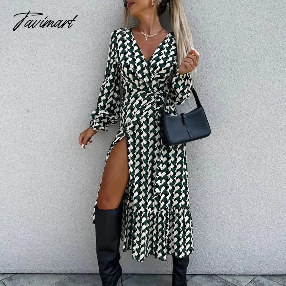 vzyzvFall High Split A-line Dresses Spring Women Pattern Print V-neck Party Dress Office Long Sleeve Commuter Belt Waist Long Dress