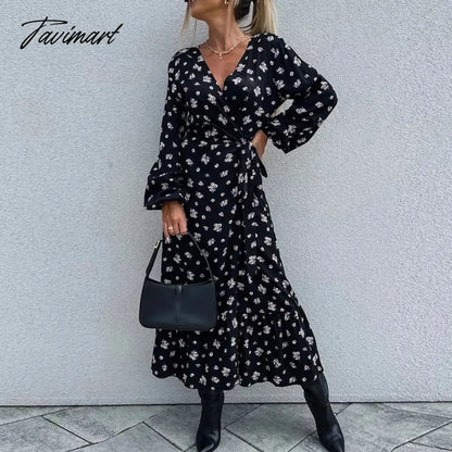 vzyzvFall High Split A-line Dresses Spring Women Pattern Print V-neck Party Dress Office Long Sleeve Commuter Belt Waist Long Dress