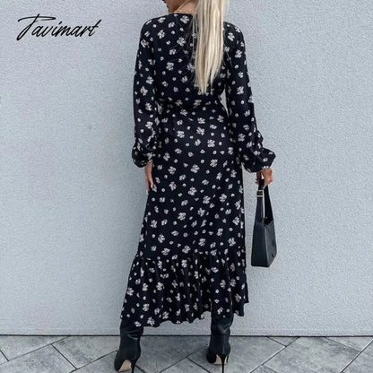 vzyzvFall High Split A-line Dresses Spring Women Pattern Print V-neck Party Dress Office Long Sleeve Commuter Belt Waist Long Dress