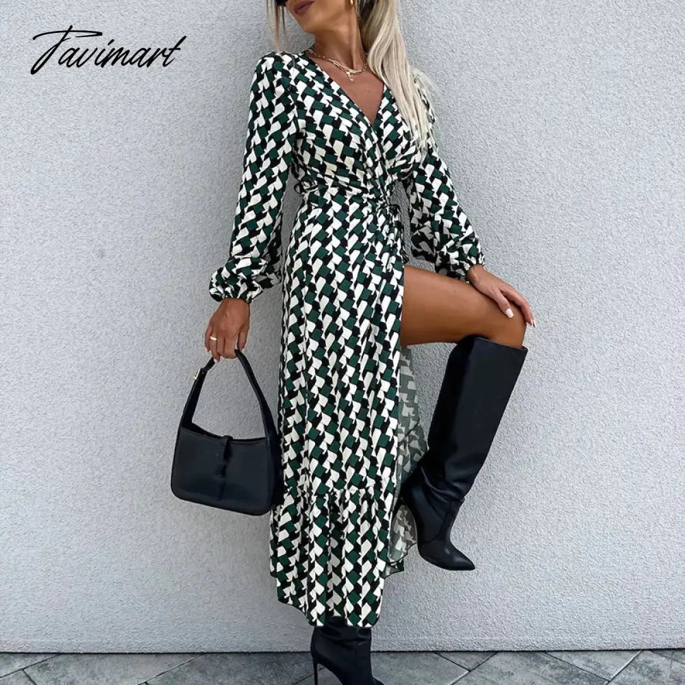 vzyzvFall High Split A-line Dresses Spring Women Pattern Print V-neck Party Dress Office Long Sleeve Commuter Belt Waist Long Dress