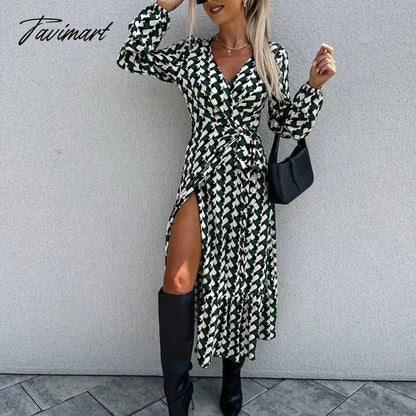 vzyzvFall High Split A-line Dresses Spring Women Pattern Print V-neck Party Dress Office Long Sleeve Commuter Belt Waist Long Dress