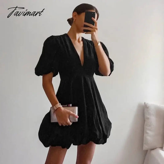 vzyzvFashion Deep V Puff Sleeve Black Woman Dress Palace Wind Vintage Mini Dress Spring Elegant Party Dress