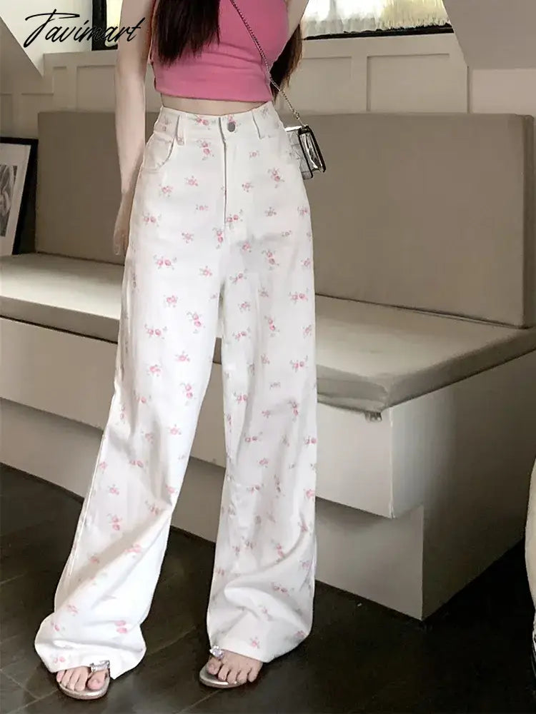 vzyzv  Fashion Floral Women Sweet Jeans Korean Elegant High Waist Wide Leg Pants Loose All Match Lady Casual S-3Xl Denim Trousers