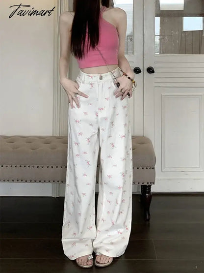 vzyzv  Fashion Floral Women Sweet Jeans Korean Elegant High Waist Wide Leg Pants Loose All Match Lady Casual S-3Xl Denim Trousers