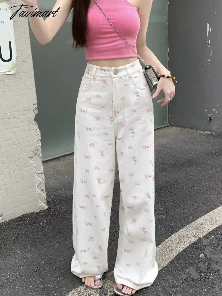 vzyzv  Fashion Floral Women Sweet Jeans Korean Elegant High Waist Wide Leg Pants Loose All Match Lady Casual S-3Xl Denim Trousers