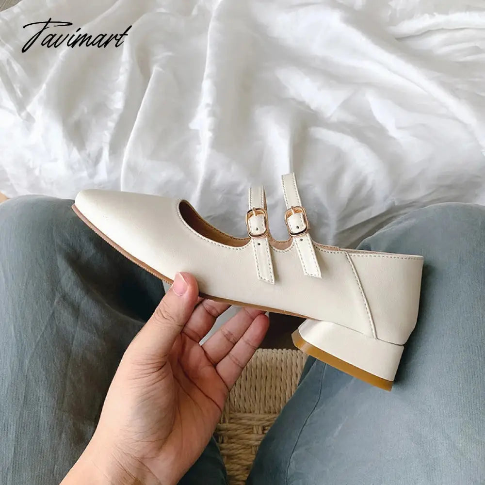 TAVIMART  -  Fashion Genuine Leather Mary Jane Feminine Shoes Autumn New Thick Low Heel Shallow Mouth Retro Artistic Hepburn Double Buckle