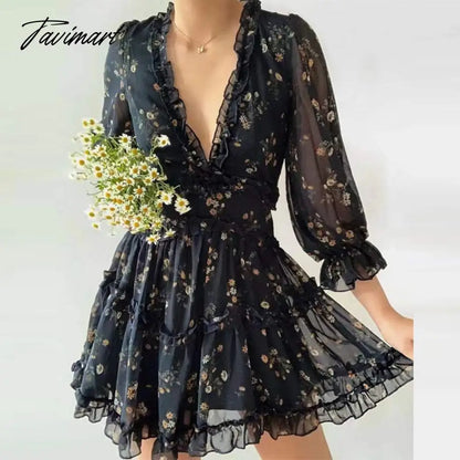 vzyzvFashion High Waist Puff Sleeve Party Dress Spring Elegant Floral Print Ruched Mini Dress Women Sweet Pleated Ruffle A-Line Dress