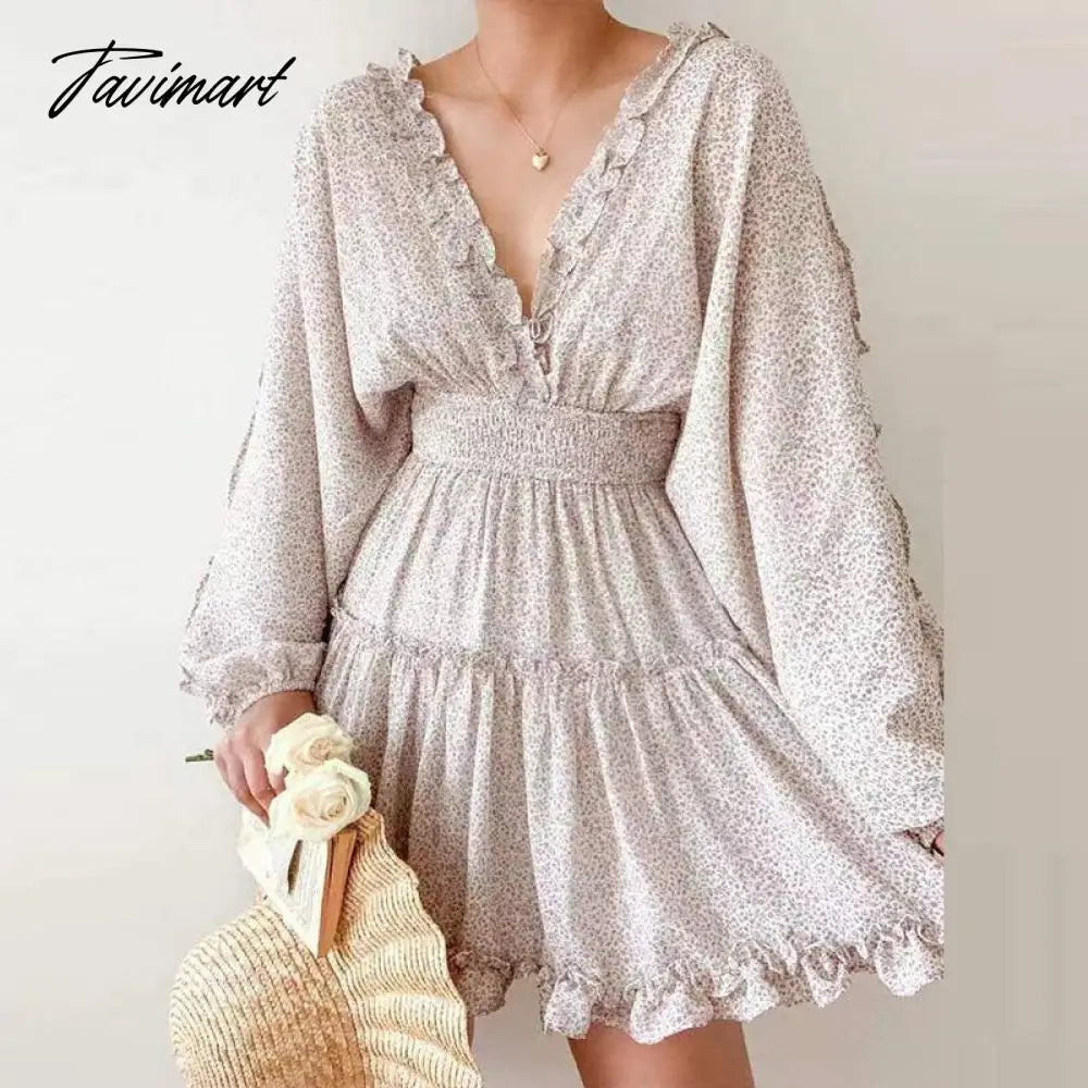 vzyzvFashion High Waist Puff Sleeve Party Dress Spring Elegant Floral Print Ruched Mini Dress Women Sweet Pleated Ruffle A-Line Dress