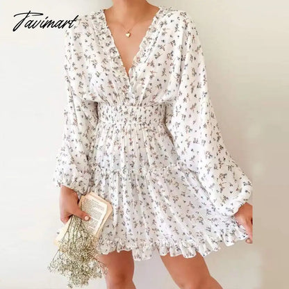 vzyzvFashion High Waist Puff Sleeve Party Dress Spring Elegant Floral Print Ruched Mini Dress Women Sweet Pleated Ruffle A-Line Dress