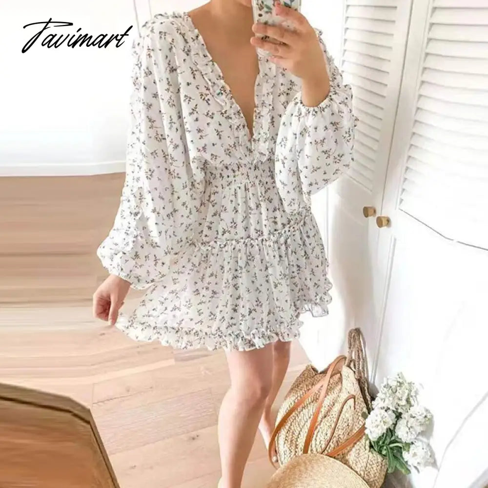 vzyzvFashion High Waist Puff Sleeve Party Dress Spring Elegant Floral Print Ruched Mini Dress Women Sweet Pleated Ruffle A-Line Dress