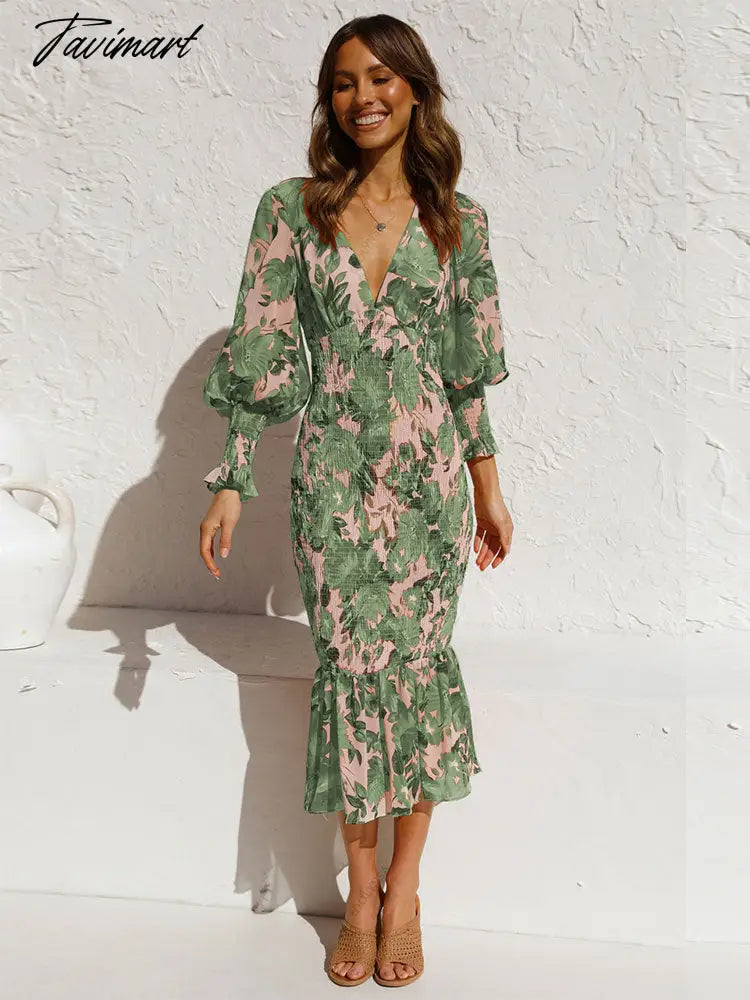 vzyzvFashion Lantern Sleeve Mermaid Skirt  Spring/Autumn Women Sexy V Neck Floral Printed Ruffle Maxi Dresses A2167