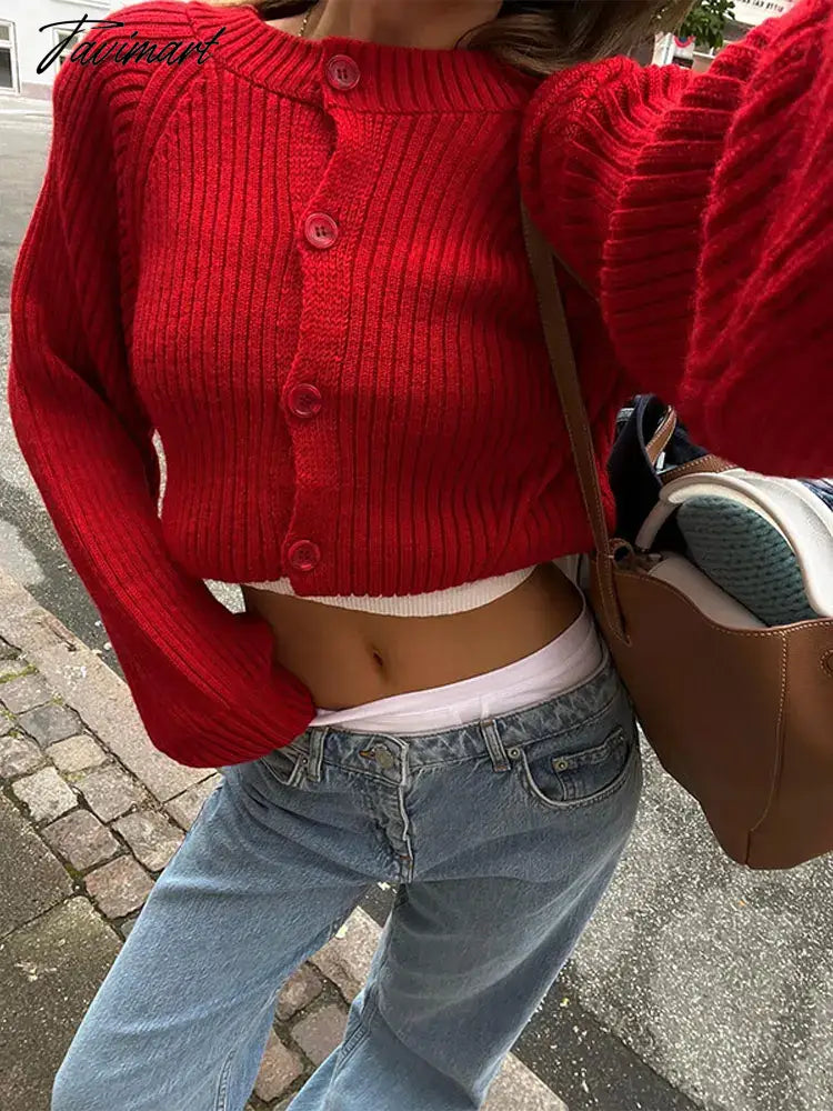 vzyzv -  Fashion Red Knit Women's Cardigan Casual O-Neck Single Breasted Long Sleeve Sweater Autumn Female High Street Knitwear