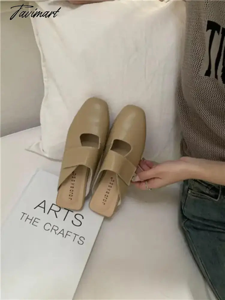 TAVIMART  -  Female Shoes Cover Toe Slippers Flat Low Loafers PU Slides Soft Rome Hoof Heels Retro Rubber Female Shoes Ladies' Slippers