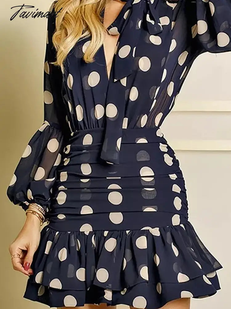 vzyzvFemme Elegant Office V Neck Print Dress Spring Summer Backless Long Sleeve Mini Dress Women Patchwork Ruffles Party Slim Dresses