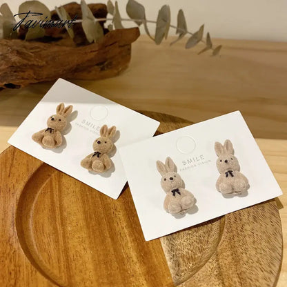 Tavimart Flocking Plush Rabbit Bear Stud Earrings Kawaii Brown Khaki Animal Earrings For Women Girls Korean Earring Jewelry Brincos Gifts