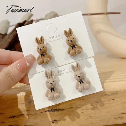 Tavimart Flocking Plush Rabbit Bear Stud Earrings Kawaii Brown Khaki Animal Earrings For Women Girls Korean Earring Jewelry Brincos Gifts