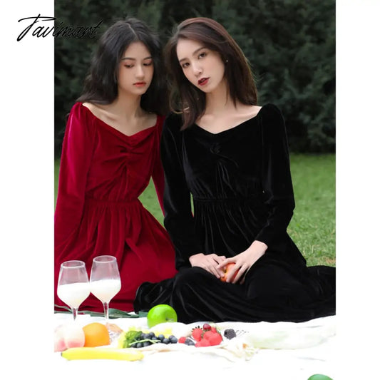 vzyzvFree Shipping New Velvet Spring And Autumn Women Long Mid-calf V-neck XS-L Vintage Dresses Back And Red Beaded Dresses