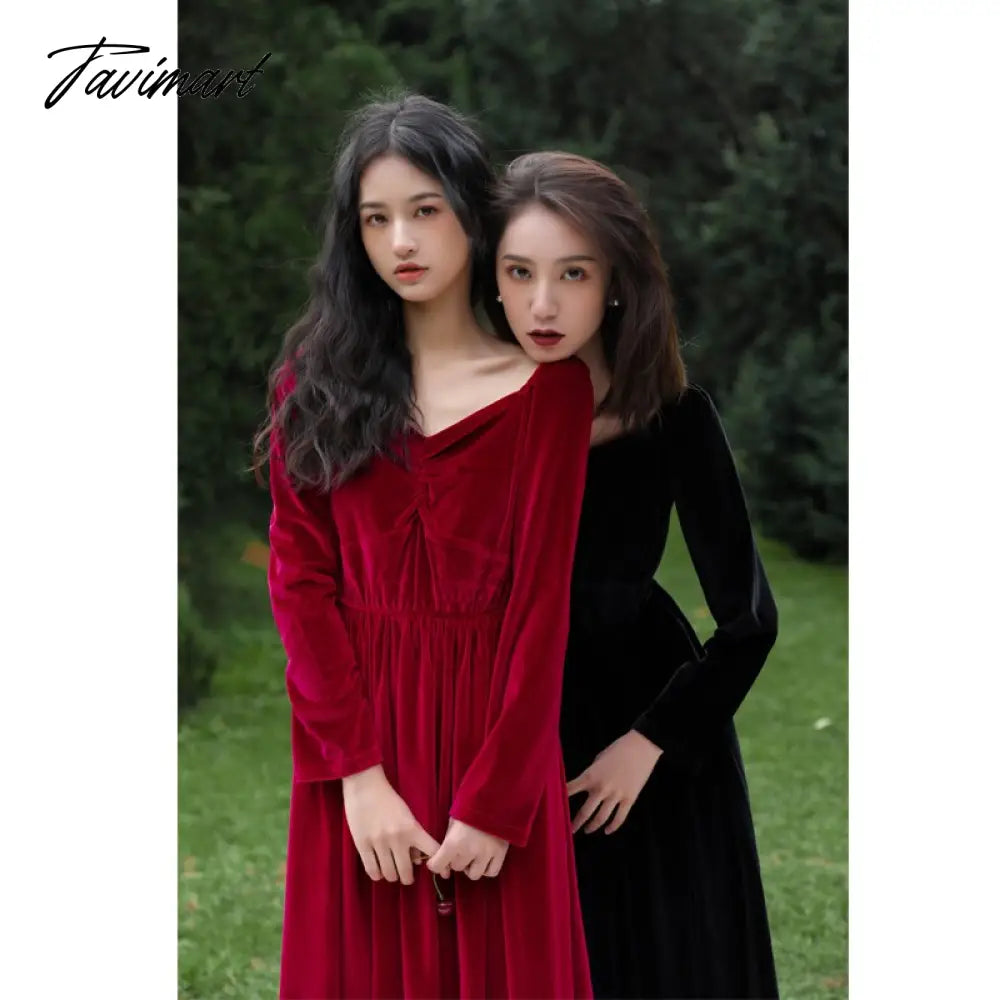 vzyzvFree Shipping New Velvet Spring And Autumn Women Long Mid-calf V-neck XS-L Vintage Dresses Back And Red Beaded Dresses