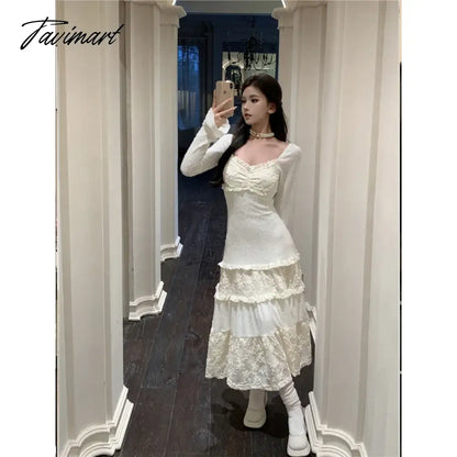 vzyzv -  French Hot Girl Pure Sexy Lace Long-sleeved Dress for Women's Autumn/Winter Slim Fit Square Collar Long Dress Female Clothes