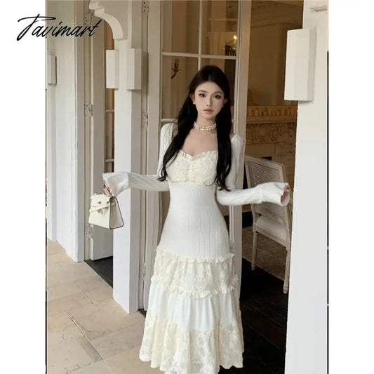 vzyzv -  French Hot Girl Pure Sexy Lace Long-sleeved Dress for Women's Autumn/Winter Slim Fit Square Collar Long Dress Female Clothes