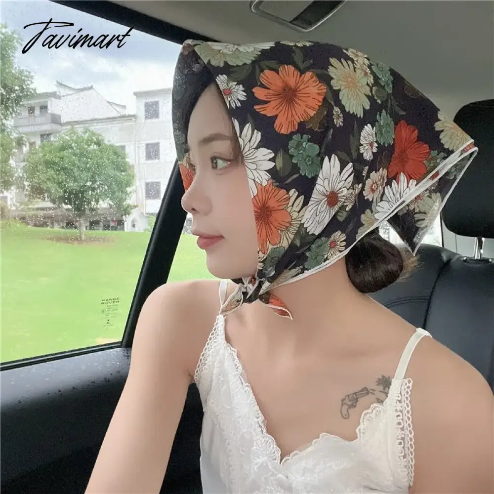 TAVIMART  -  French Retro Flower Small Scarf Headband Women Cotton Linen Neck Protection Thin Small Scarf Decorative Square Scarf Headscarf